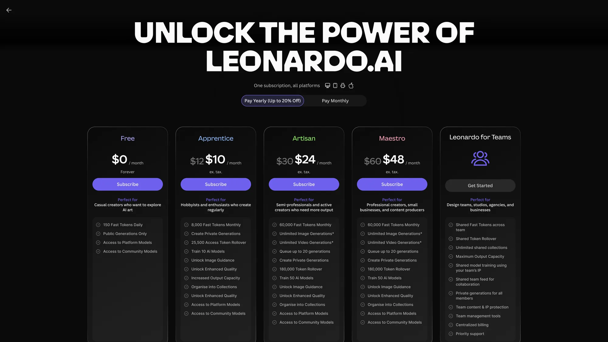 Leonardo plan selection interface