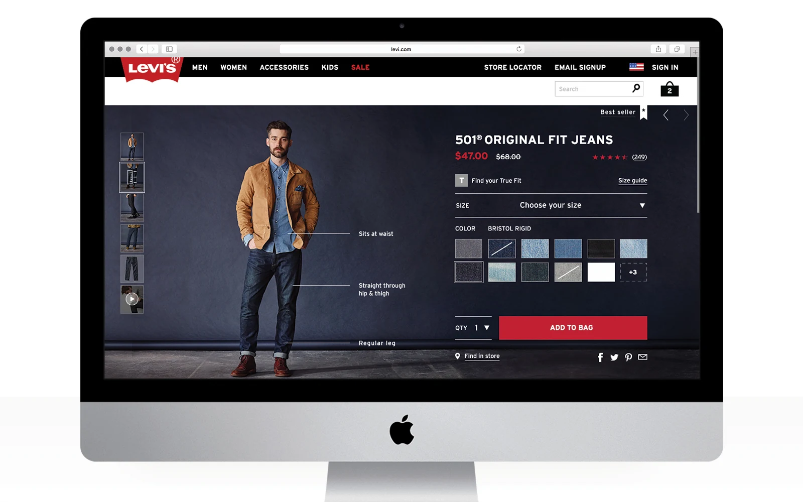 Desktop product page for 501 Original Fit Jeans with fit, size and color controls.