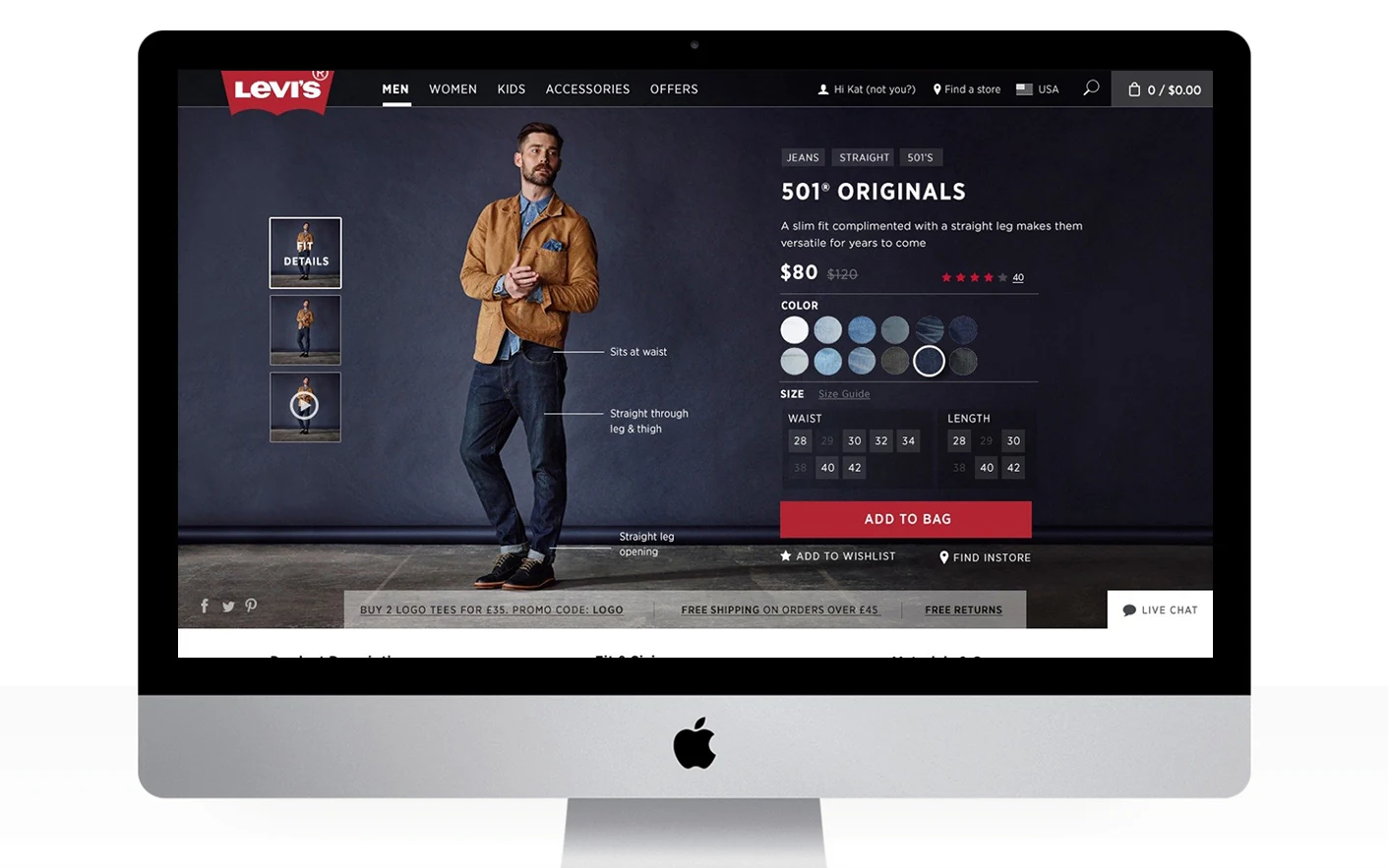 Alternative 501 Originals product page with circular color swatches and size selection.