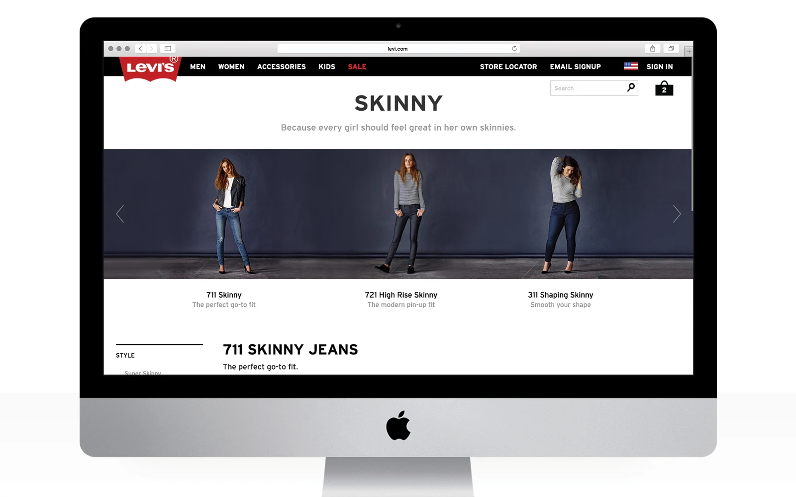Skinny jeans fit guide comparing three women’s silhouettes on a desktop screen.