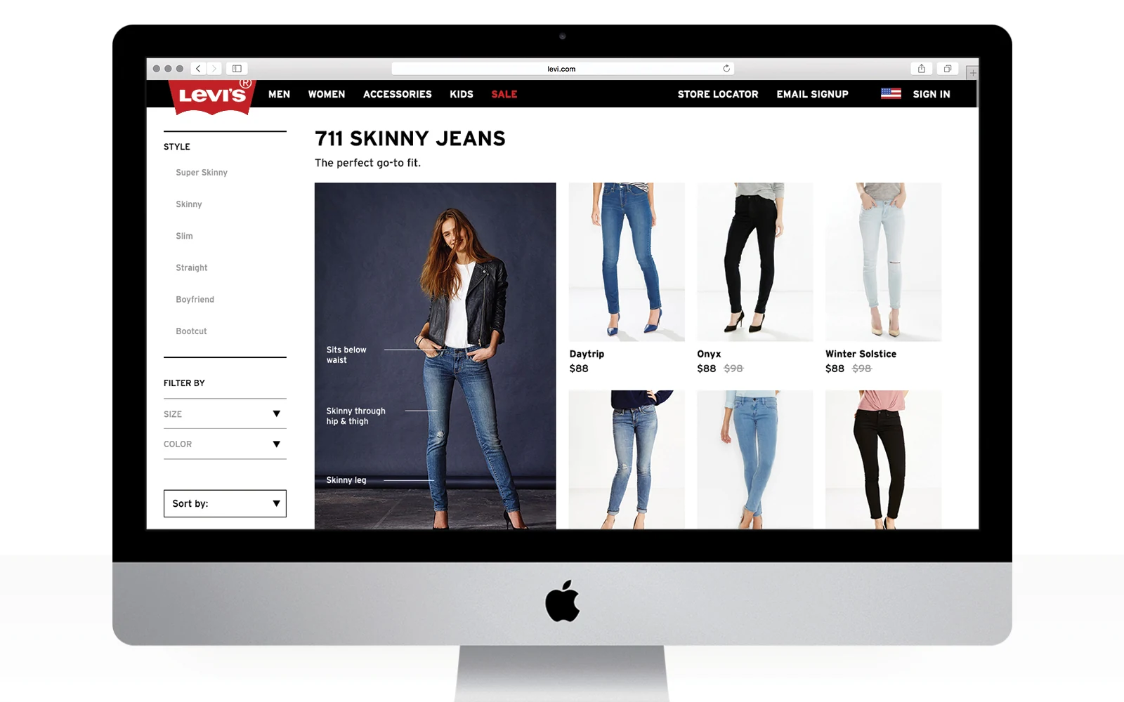 Women’s 711 Skinny Jeans listing with product photography and filters.