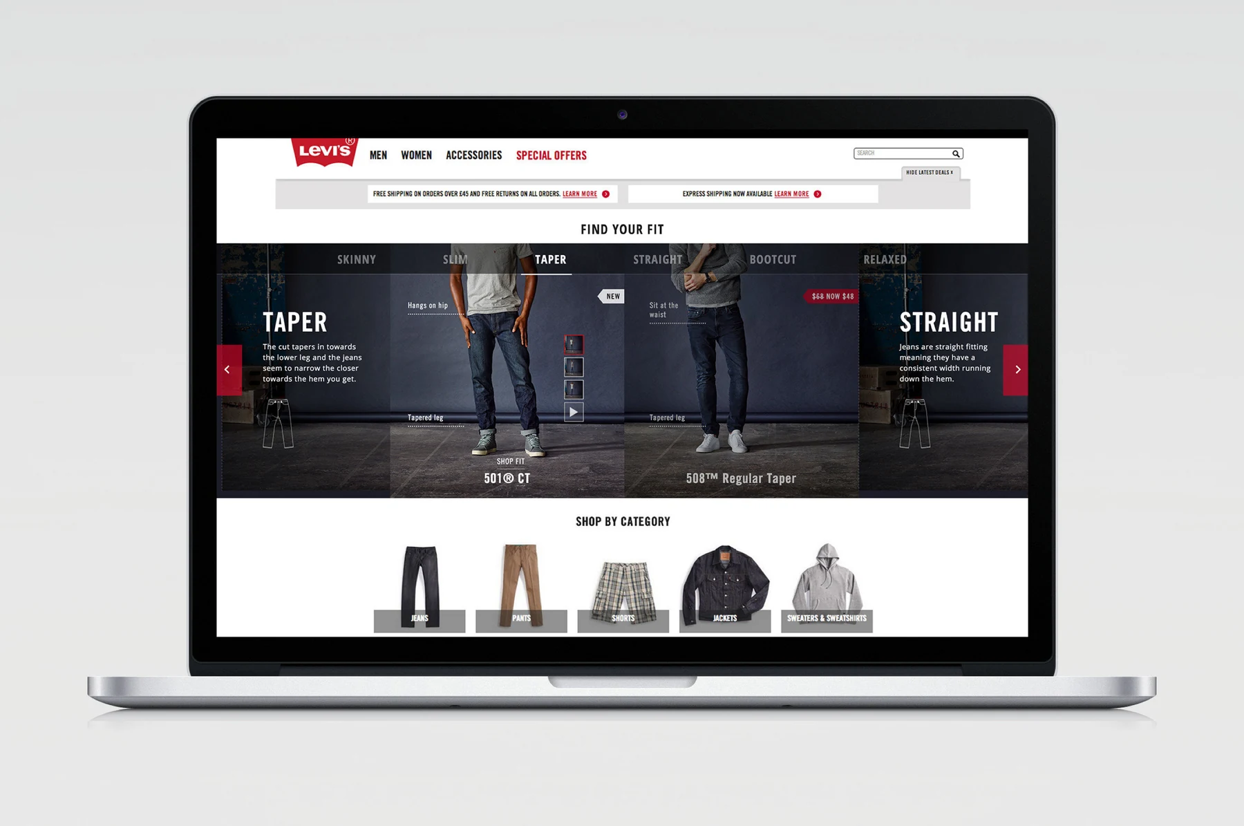 Find Your Fit experience comparing taper and straight fits on a laptop screen.
