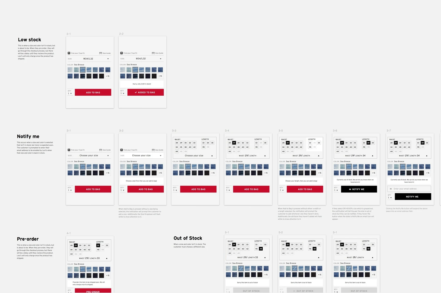 Product selector design states for low stock, notifications, pre-orders and out-of-stock items.