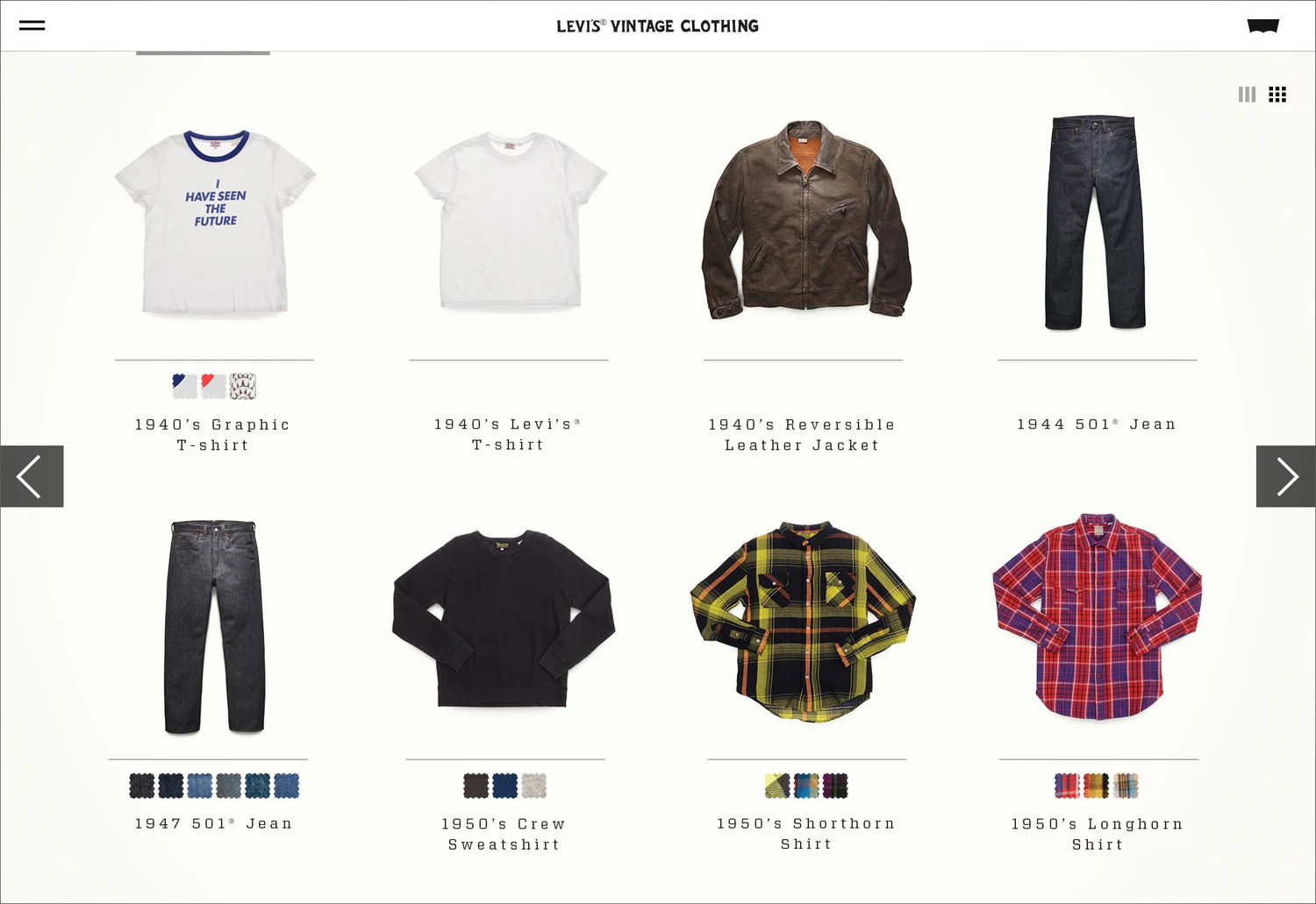 Vintage Clothing collection grid with archival shirts, jackets and jeans.