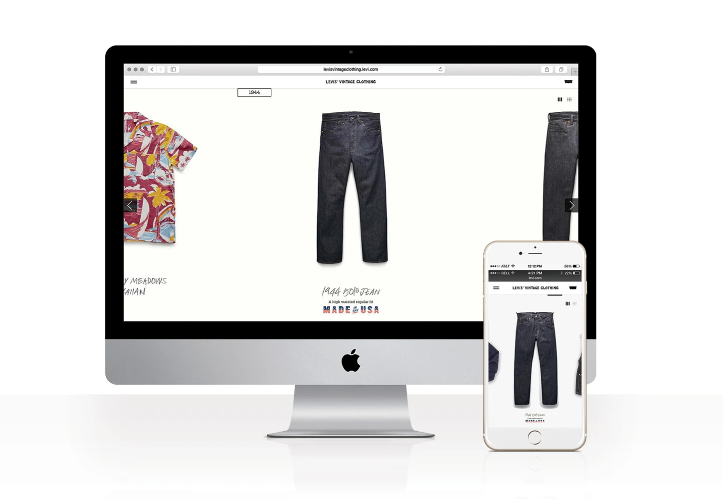 Vintage Clothing product experience displayed on desktop and phone screens.
