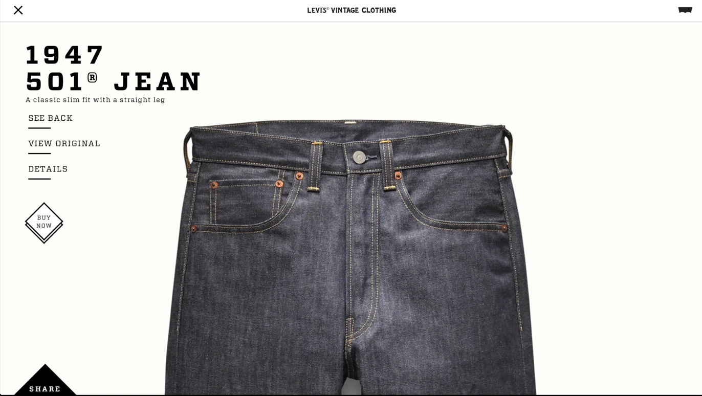 1947 501 Jean product detail showing the reproduction.