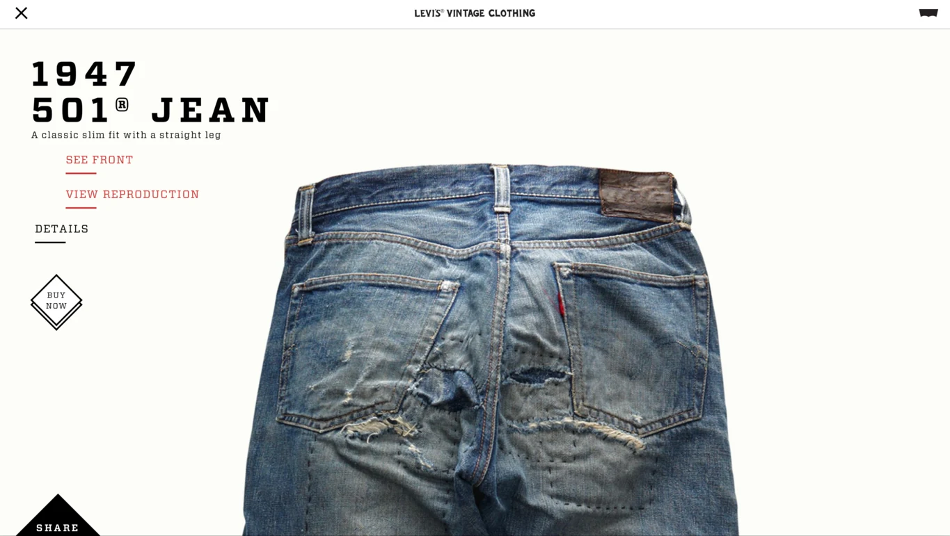 1947 501 Jean product detail showing the worn original archive garment.