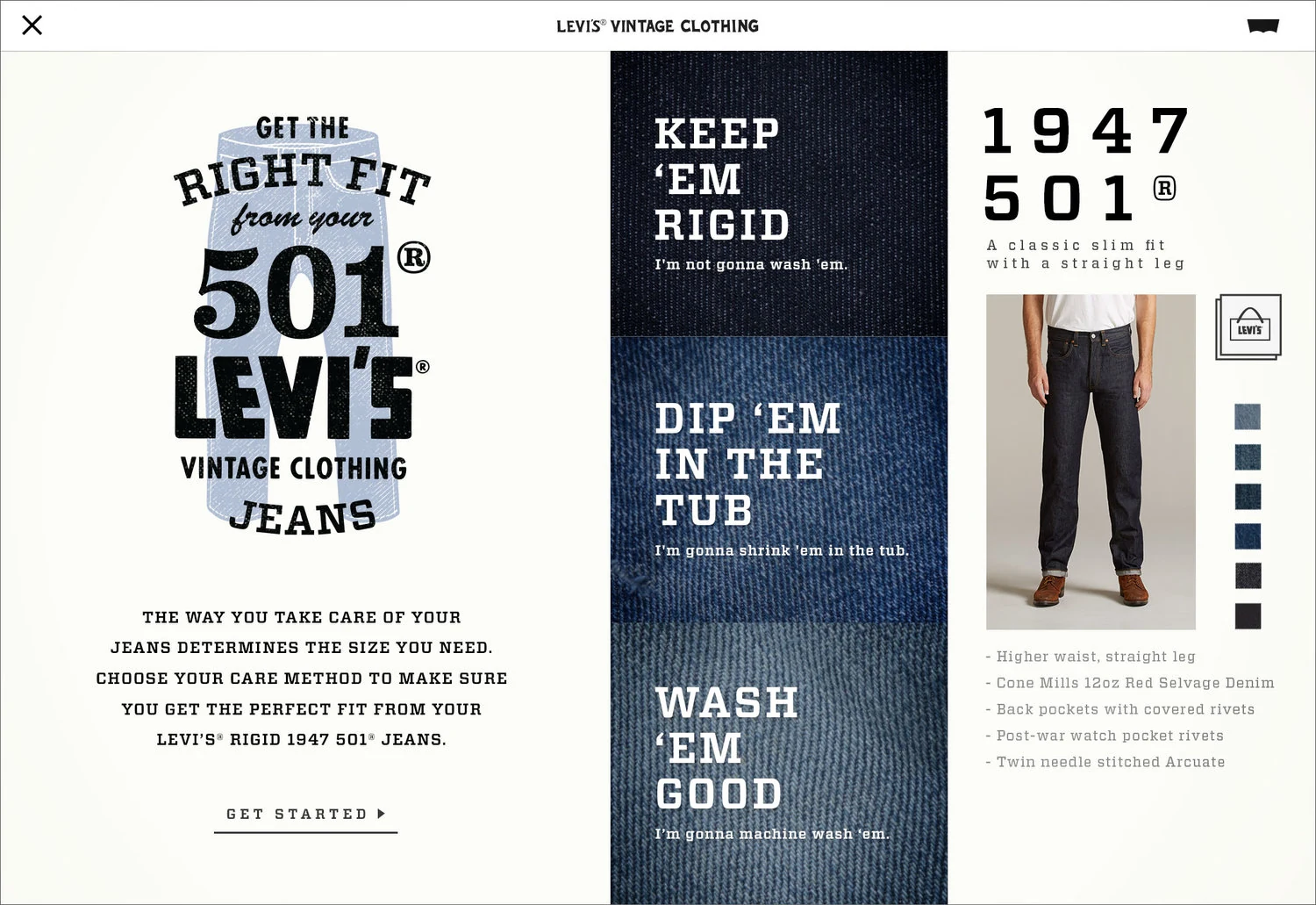 501 Vintage Clothing fit and care guide with product details.