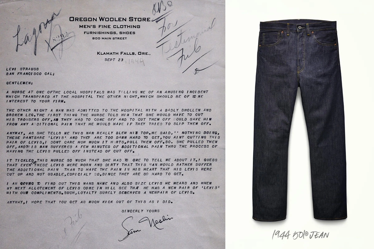 Archival Oregon Woolen Store letter beside a pair of 1944 501 jeans.