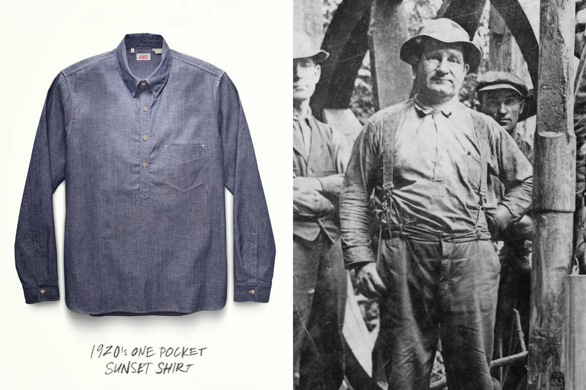 1920s One Pocket Sunset Shirt beside an archival portrait.