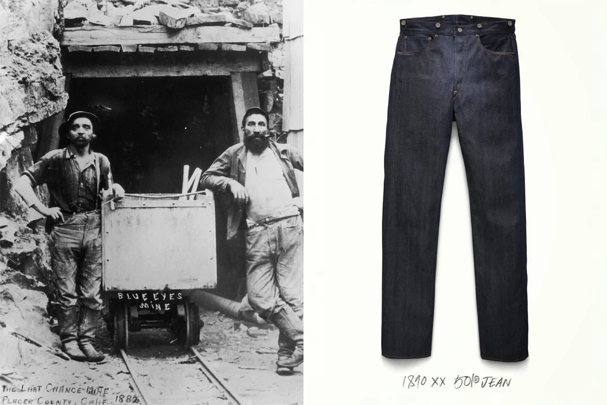 Historical miners photograph beside an 1890 pair of jeans.