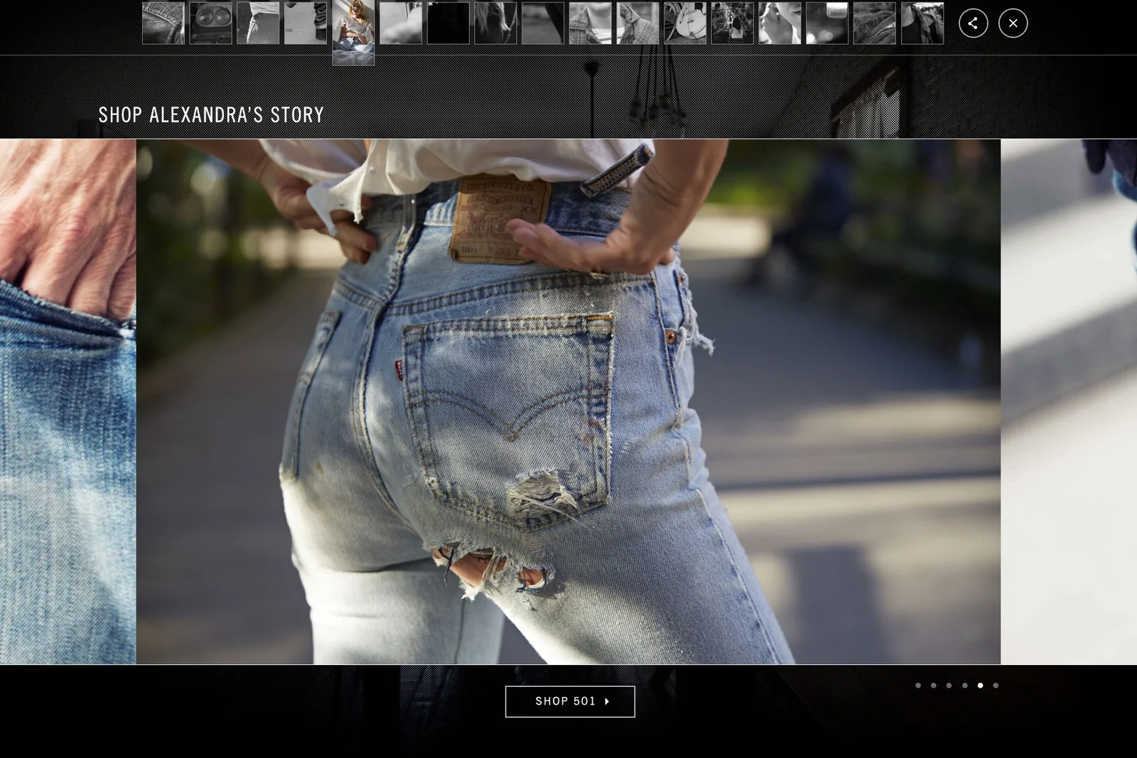 Interactive Levi’s shopping story featuring distressed jeans and product links.