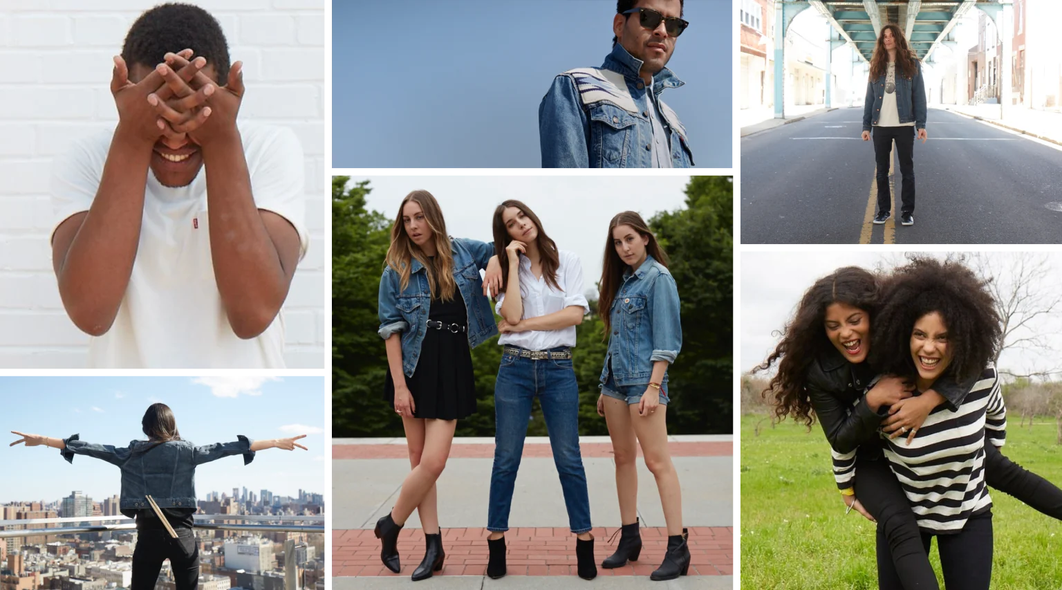 Campaign collage of people wearing Levi’s denim in city and outdoor settings.
