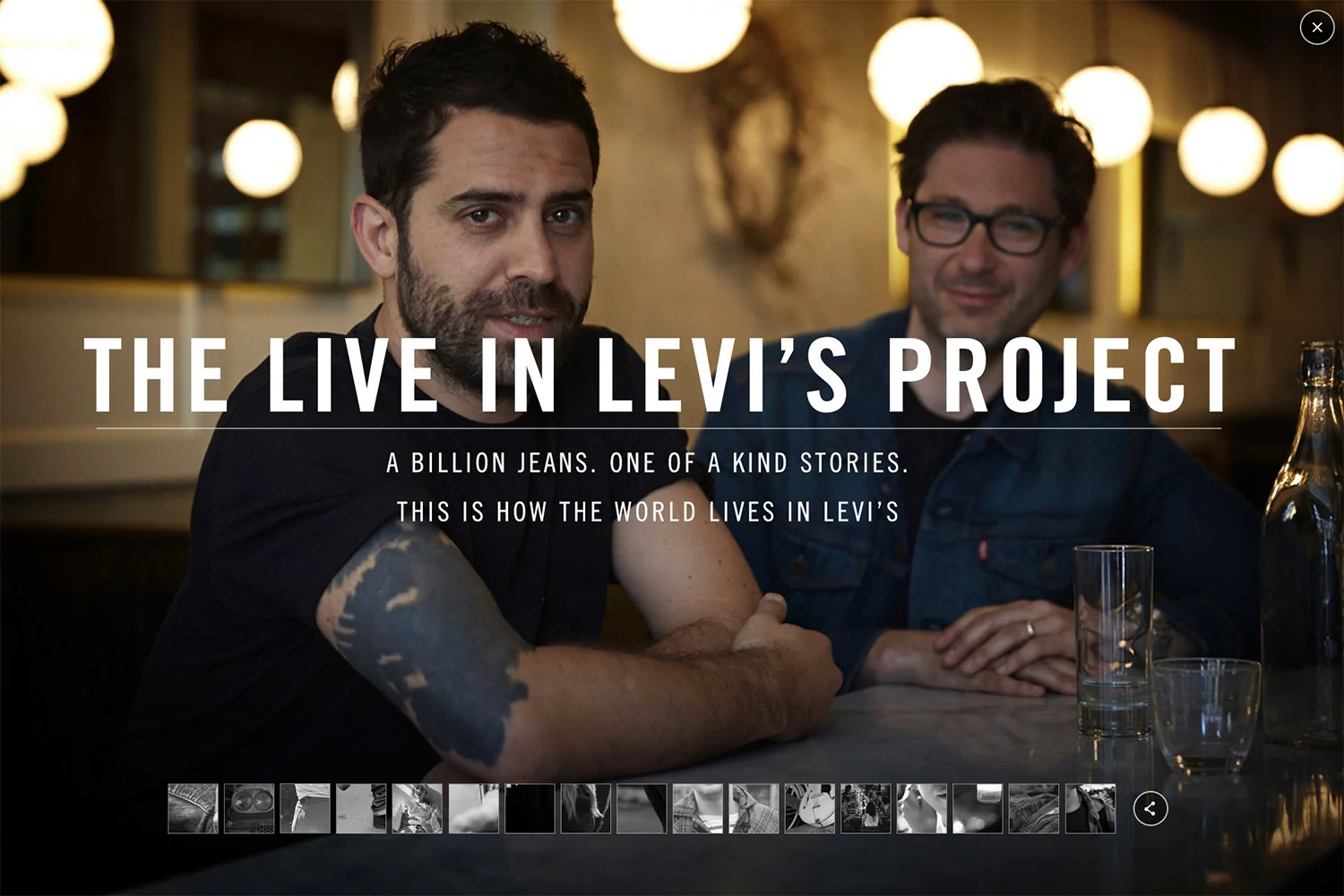 The Live in Levi’s Project website with two men seated in a bar and a strip of story thumbnails.