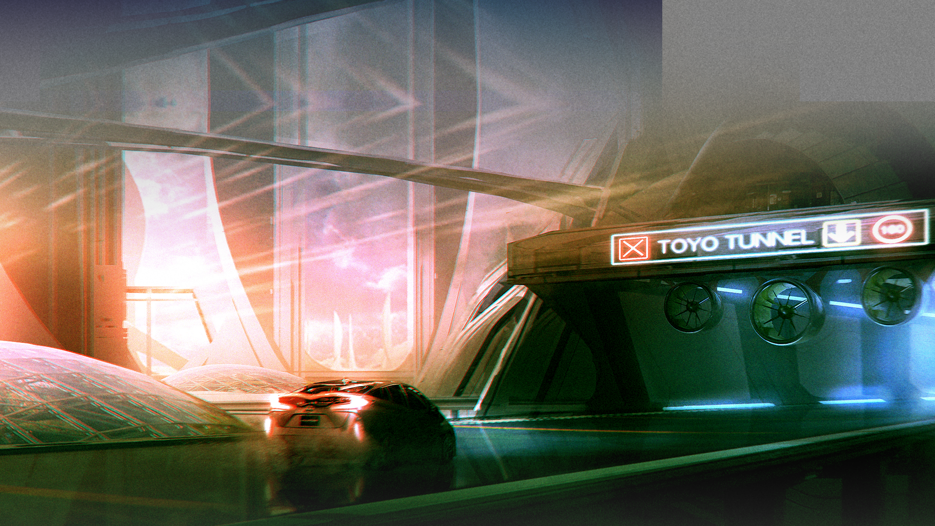 A Prius Prime moving through the futuristic Toyo Tunnel
